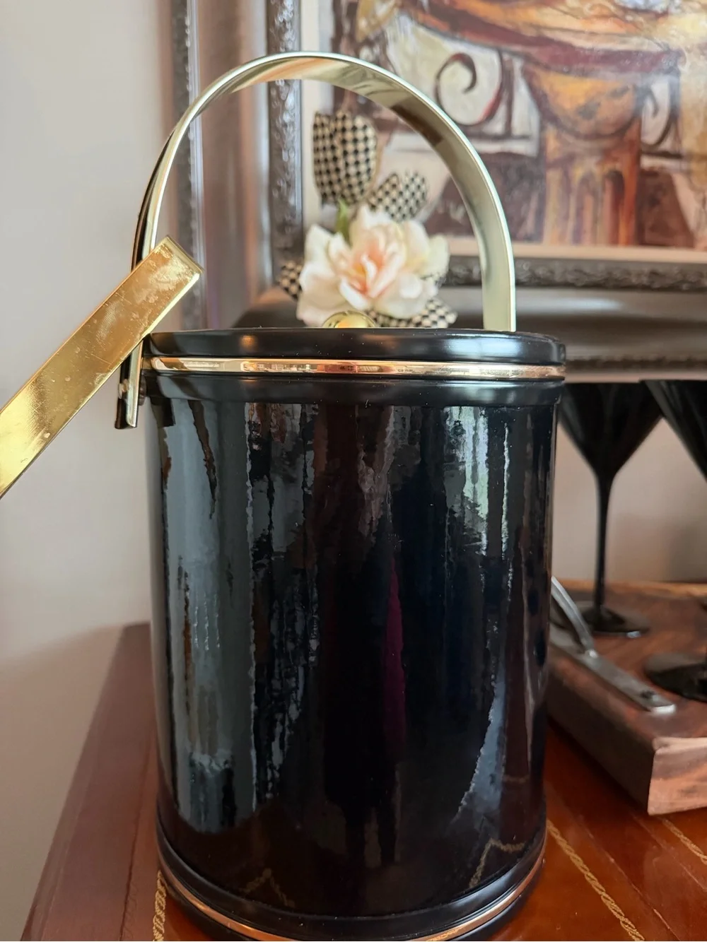 MCM Classic Black Patent Vinyl Ice Bucket with Gold Hardware